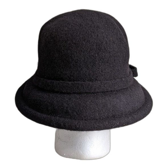 Cloche Hat Side Bow Black All Seasons - 100% Wool - Fall Style Evening Dress Up - Picture 3 of 10